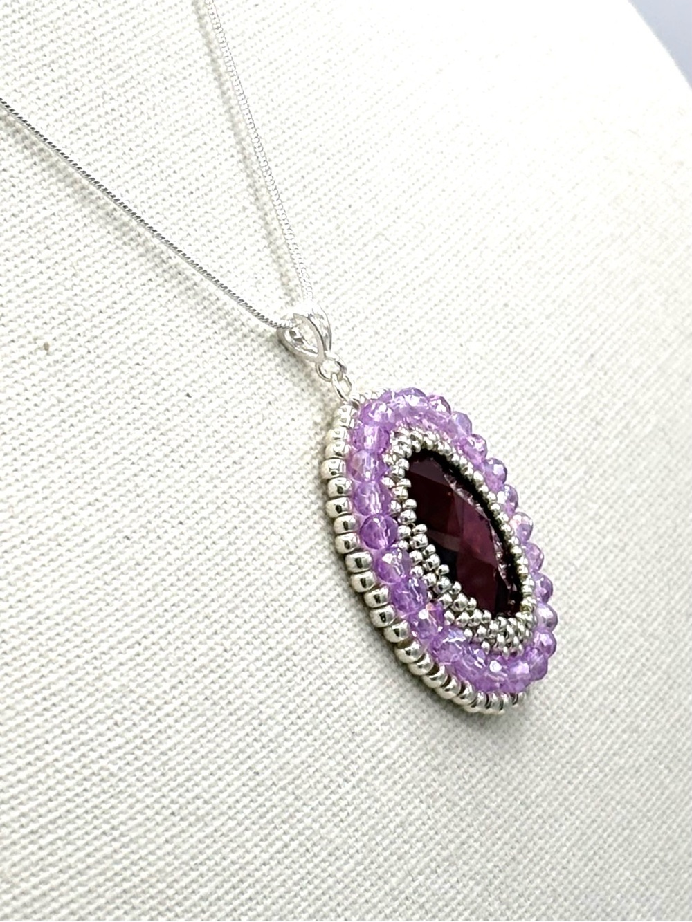 Hand Crafted Silver Necklace with Purple Oval Gemstone Pendant - Picture 4 of 9